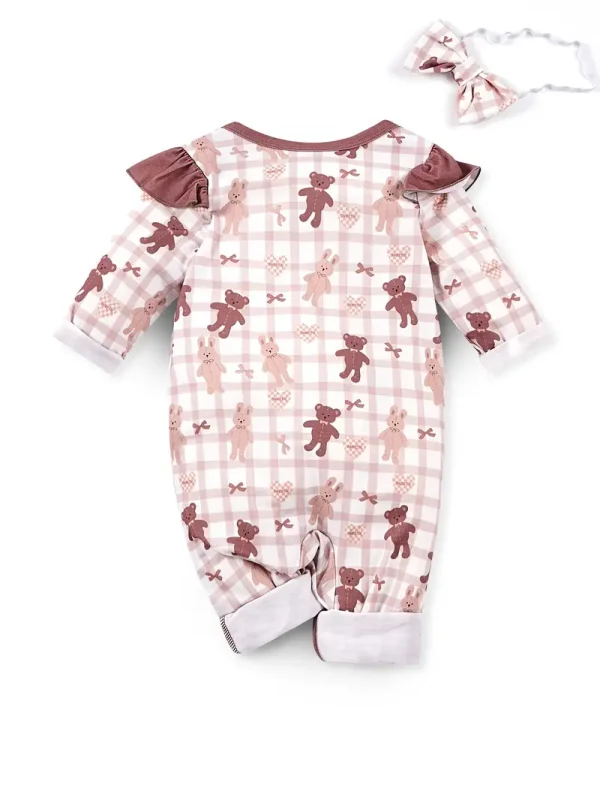 LULUKAKA 2pcs Baby Girls Romper Set, Cartoon Bear & Rabbit Print, Long Sleeve Ruffle Trim Onesie with Headband, Casual All-Season Knit Fabric, 95% Polyester 5% Spandex, Medium Stretch, for Outdoor - Image 2