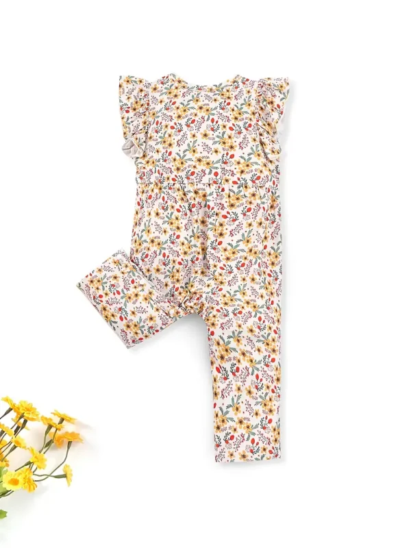 LULUKAKA Girls' Floral Print Romper with Ruffle Sleeves and Round Neck, Polyester Spandex Blend, Machine Washable - Newborn Baby Clothes, Yellow Flower, One Piece, Children's Clothing, Perfect for Outdoor - Image 2