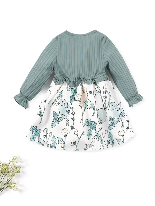 [1pc Floral Print Butterfly Bow Dress] 1pc LULUKAKA Girls' Casual Floral Print Dress with Daisy & Dandelion Pattern, Long Sleeve Ruffle Hem, Polyester Knit Fabric, Regular Fit, All-Season Butterfly Bow Dress - Image 2