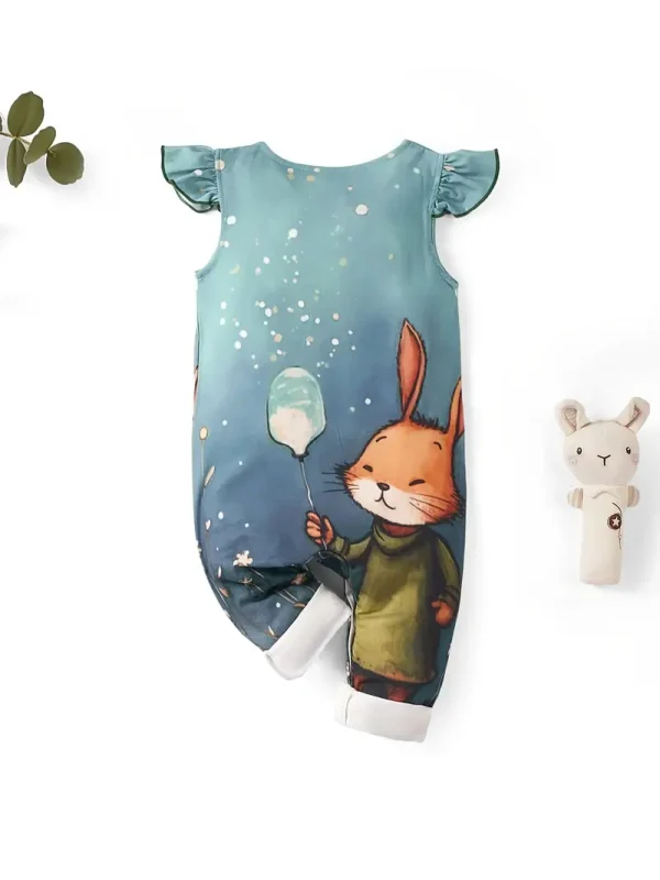 LULUKAKA Cute Cartoon Rabbit Print Romper for Newborns, Polyester Knit Fabric, Regular Fit, with Ruffle Sleeves and Elastic Waist, for All-Season Babywear, for Outdoor - Image 3