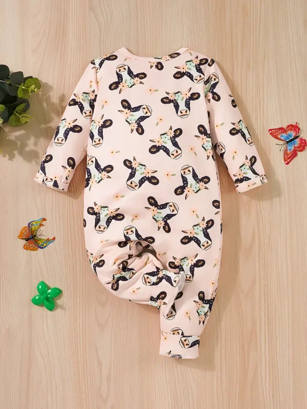 1pc LULUKAKA Cute Cartoon Cow Print Long Sleeve Baby Girls Romper, Casual Polyester Knit Fabric with Slight Stretch, Regular Fit Front Snap Closure for Fall/Winter, for Outdoor - Image 4