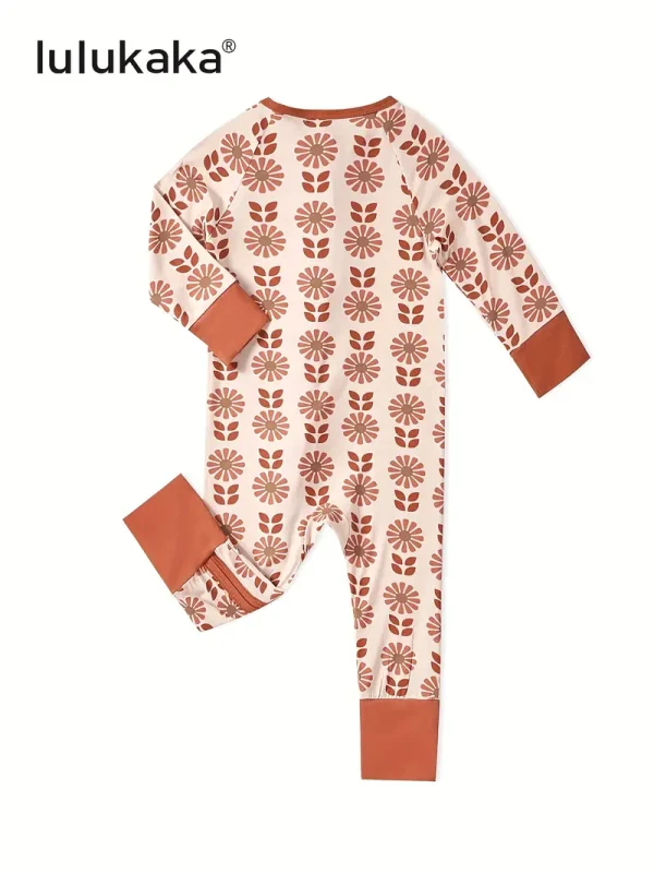 1pc LULUKAKA Baby Girls Soft Fiber Bodysuit, Floral Print Zipper Romper, Casual Knitted Fabric, Round Neck, Stretch Fit, for All-Season Sleepwear - Image 2