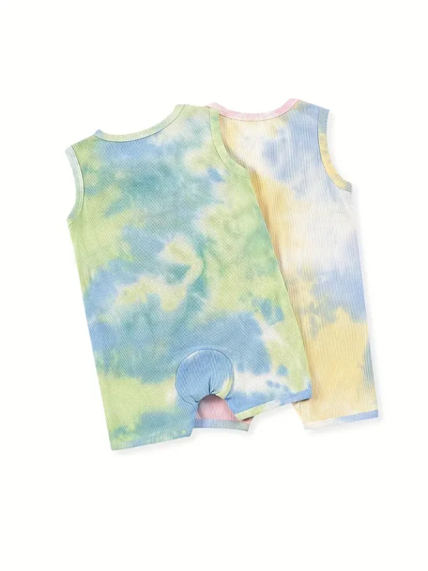 2pcs LULUKAKA Baby Girls' Rib Knit Romper, Casual Tie-Dye Onesie, All-Season Stretch Fabric, Regular Fit, with Knit Fabric for Newborn to 12 Months, for Outdoor - Image 2