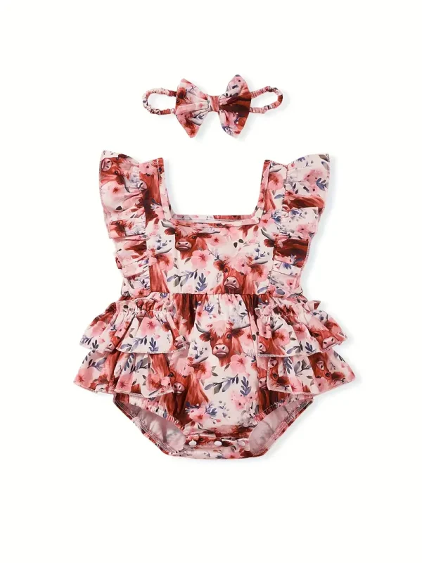 LULUKAKA Adorable Bull Print Ruffle Sleeve Romper Dress & Headband Set for Baby Girls - Soft Polyester Blend, Machine Washable, LULUKAKA, Perfect for Outdoor - Image 2