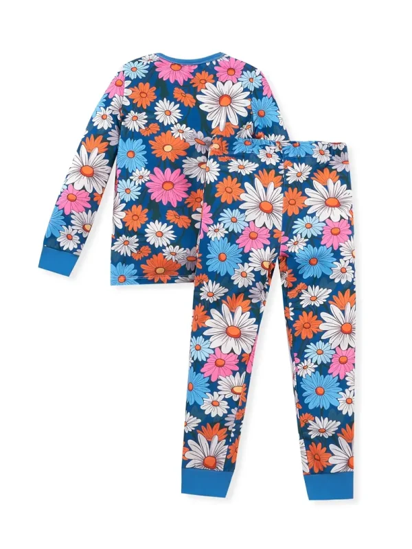 1set LULUKAKA Girls' Floral Print Pajama Set, Casual Round Neck Long Sleeve and Tights with Hand-Painted Daisy Pattern, Knitted Polyester and Spandex Blend, All-Season Comfort. - Image 3