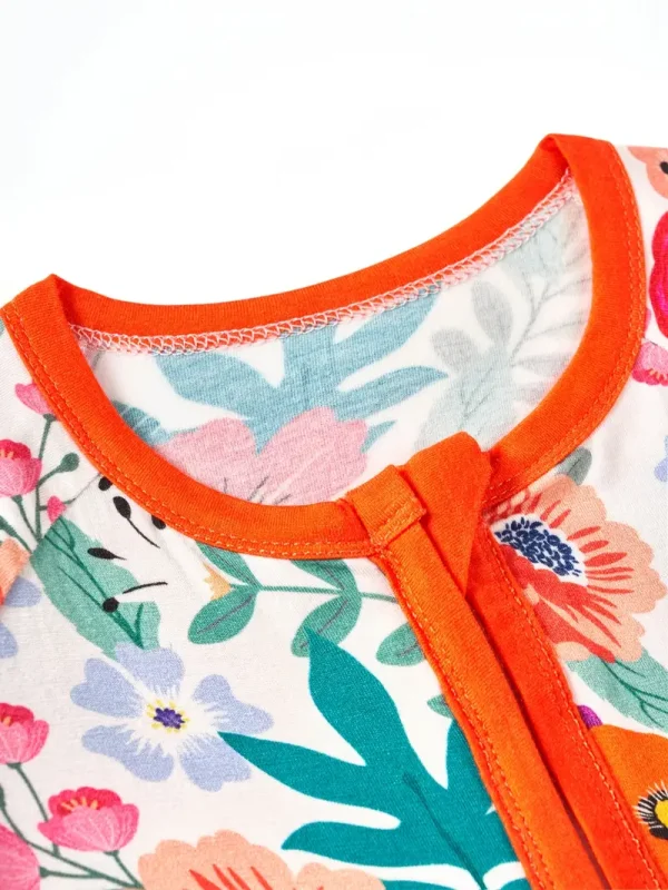 [1pc LULUKAKA Baby Girls Floral Romper] 1pc LULUKAKA Fiber Baby Girls Romper - Casual Floral Print, Short Sleeve, Round Neck, Summer Knit Jumpsuit with Zipper, Loose Fit Infant Bodysuit, for Outdoor - Image 3