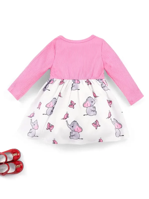 [1pc Toddler Elephant Print Dress] LULUKAKA Toddler Casual Dress, Polyester Knit Fabric, Long Sleeve Crew Neck, Cartoon Elephant Print, with Bow Detail, for Fall/Winter Playwear - Image 3
