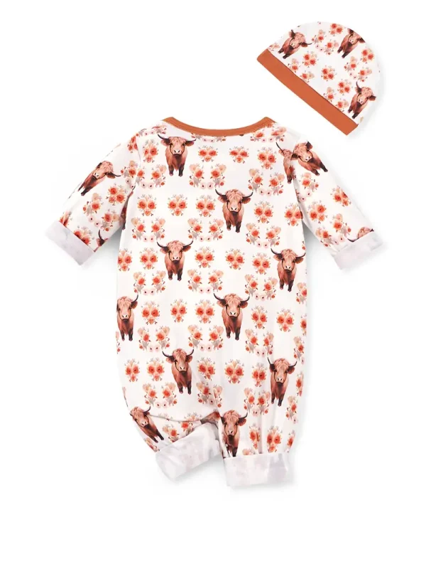 LULUKAKA Two-Piece Set for Newborns, Unisex Baby Zipper Onesie with a Cow Print Pattern, Includes a Zipper Onesie And a Hat, for Outdoor - Image 2