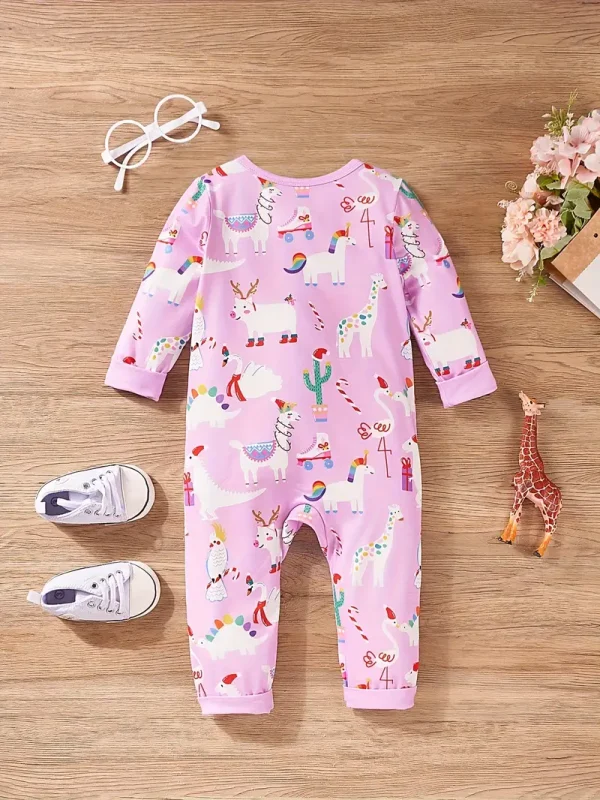LULUKAKA Adorable Cartoon Animal Print Long-Sleeve Romper for Baby Girls - Soft Polyester Blend, Machine Washable, Perfect for Outdoor - Image 2