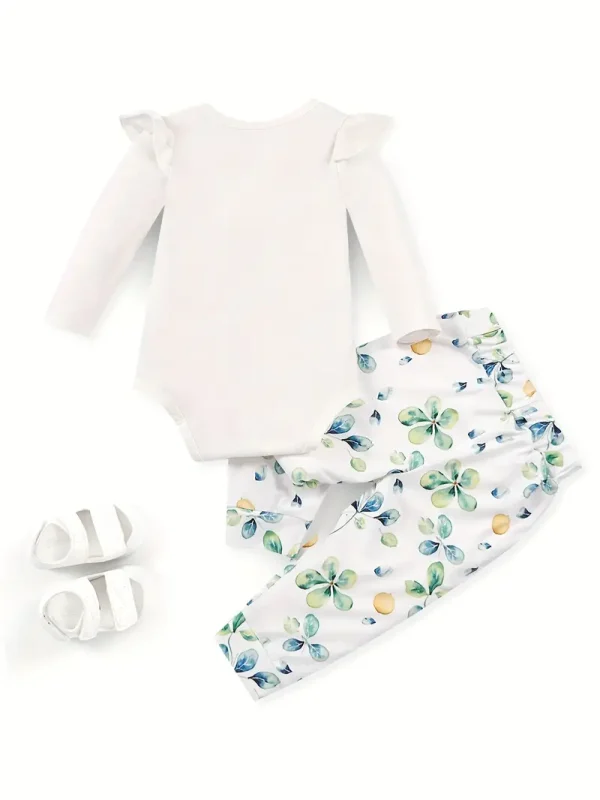 Two-piece LULUKAKA Newborn Baby Set with Squirrel Print Pattern, Ruffle Long Sleeve White Romper and Full Leaf Print Long Pants, Newborn Baby Girl Set, Perfect for Outdoor - Image 2