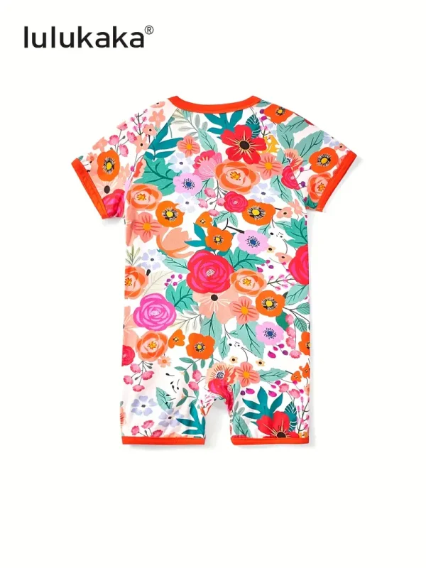 [1pc LULUKAKA Baby Girls Floral Romper] 1pc LULUKAKA Fiber Baby Girls Romper - Casual Floral Print, Short Sleeve, Round Neck, Summer Knit Jumpsuit with Zipper, Loose Fit Infant Bodysuit, for Outdoor - Image 2