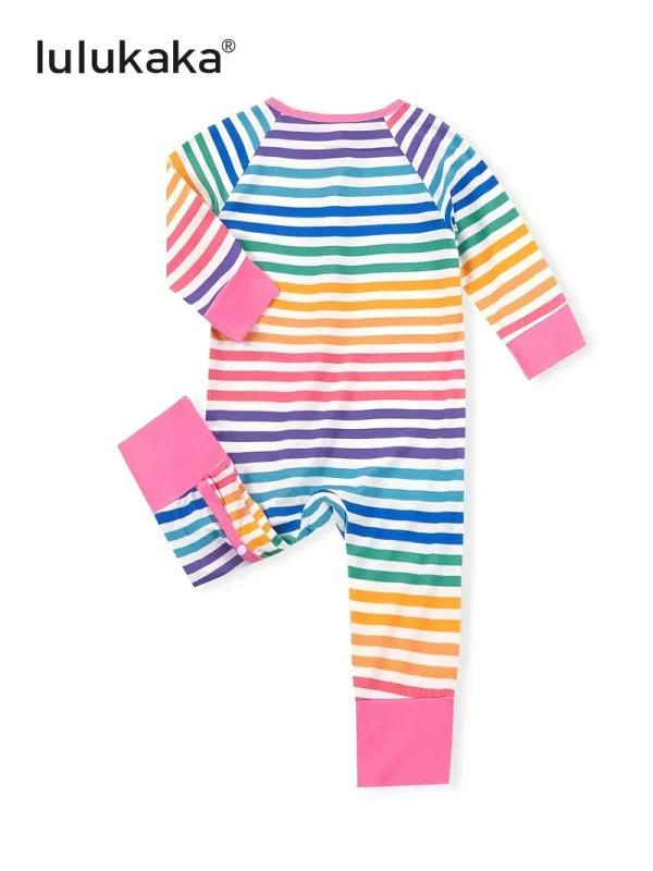 LULUKAKA Baby Girls' Bamboo Fiber Romper, Rainbow Striped Print, Long Sleeve Crew Neck, All-Season Knit Fabric, Loose Fit with Medium Stretch, Casual Style, for Outdoor - Image 3