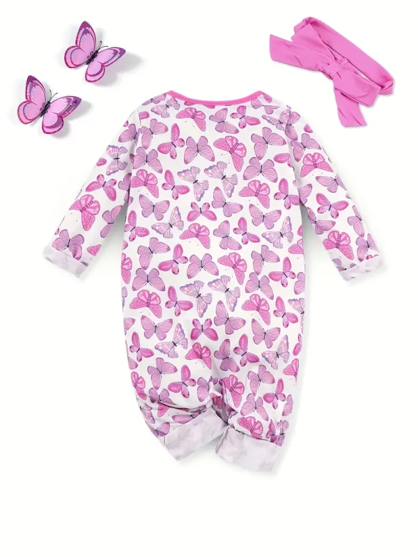 LULUKAKA Adorable Butterfly Print Long-Sleeve Zip-Up Baby Girl Bodysuit Set with Matching Headband - Soft Polyester & Spandex Blend, Machine Washable, Perfect for All Seasons, Baby Girl Outfits, Perfect for Outdoor - Image 2