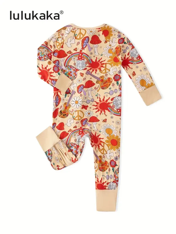 LULUKAKA Baby Girls' Bamboo Fiber Romper, Cute Daisy & Sun Cartoon Print, Long Sleeve Crew Neck Skinny Fit All-Season Knitwear with Zipper, for Outdoor - Image 2