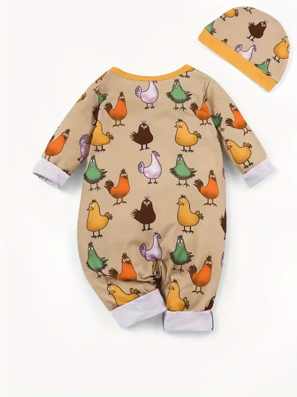 LULUKAKA Boys' Cute Cartoon Chick Print Zip-Up Long Sleeve Romper with Matching Hat - Soft Polyester Blend, Machine Washable, Perfect for Outdoor - Image 5
