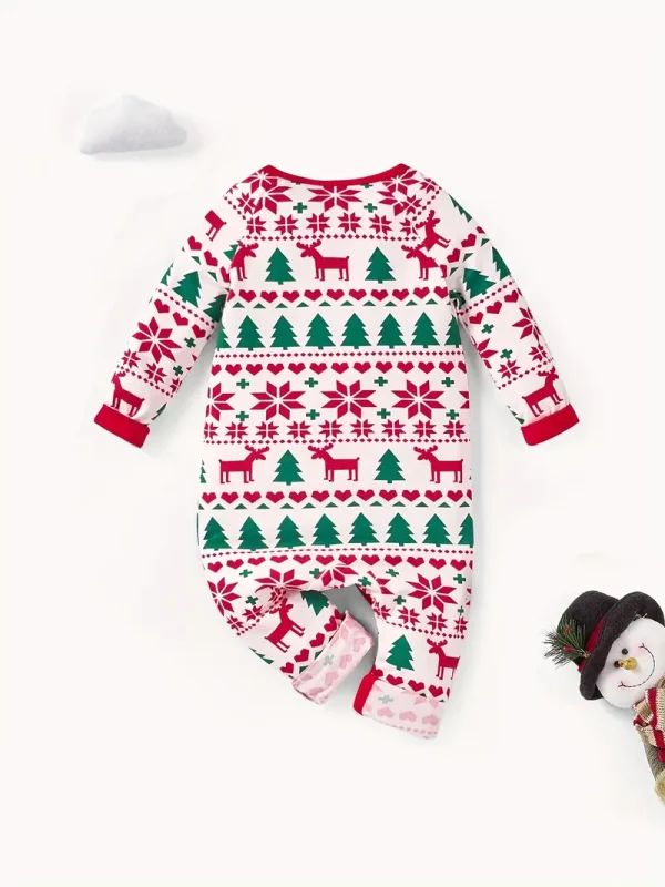 1pc LULUKAKA Newborn Christmas Long Sleeve Onesie, Festive Reindeer Snowflake Tree Print, Casual Polyester Knit Fabric with Slight Stretch, Unisex Baby Romper for Fall/Winter, for Outdoor - Image 2