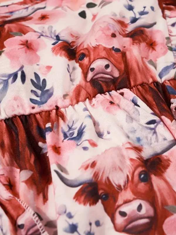 LULUKAKA Adorable Bull Print Ruffle Sleeve Romper Dress & Headband Set for Baby Girls - Soft Polyester Blend, Machine Washable, LULUKAKA, Perfect for Outdoor - Image 3