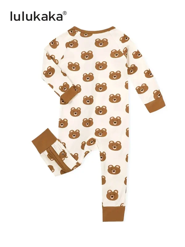 LULUKAKA Unisex Baby Bodysuit, Bamboo Fiber 95% Spandex 5%, Cute Cartoon Bear Print, All-Season Knit Fabric, Skinny Fit with Zipper Closure, Animal Pattern Infant Onesie, for Outdoor - Image 2