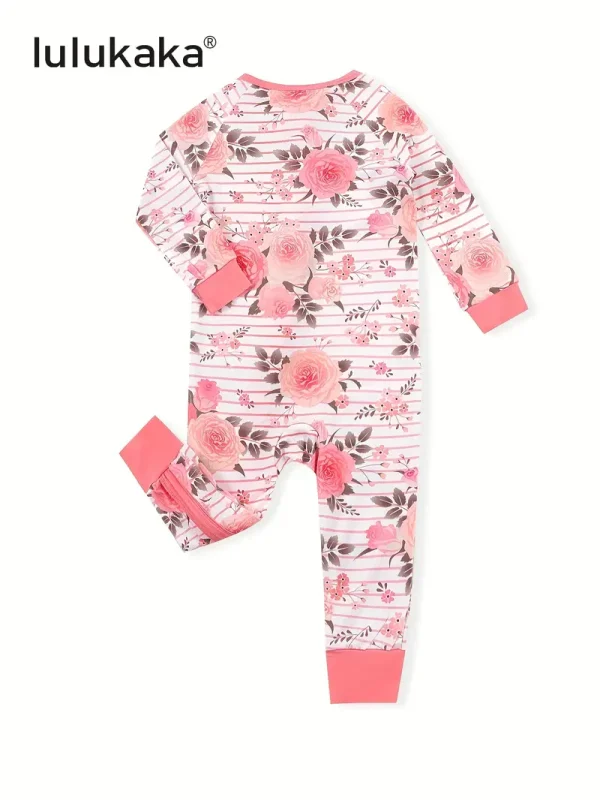 LULUKAKA Girls' Floral Print Long Sleeve Romper - 95% Bamboo Fiber, 5% Spandex, Skinny Fit, All-Season Knit Fabric, Crew Neck Zipper Onesie with Long Legs, for Outdoor - Image 2