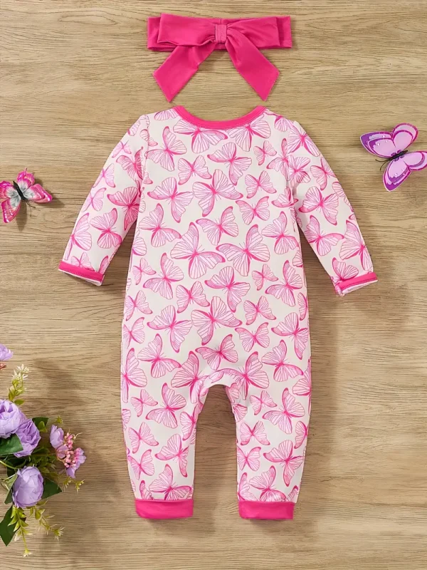 LULUKAKA Two-piece Set for Girls with Full-Print Body Suit, Butterfly Print Pattern, Long-Sleeved Body Suit with Zipper, Newborn Baby Clothes with Headwear, Perfect for Outdoor - Image 3