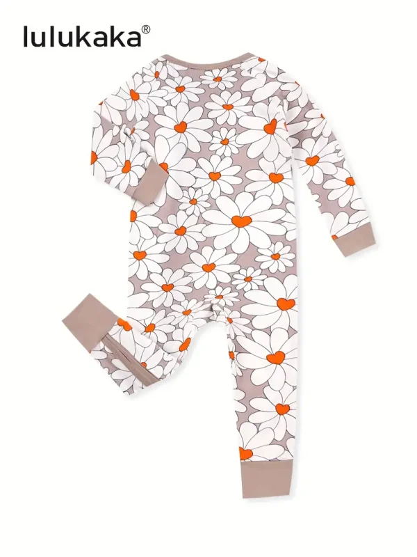 LUKAKA Newborn Baby Girl Bamboo Fiber Clothes Tight Zipper One-Piece Dress Flower Daisy Petal Pattern Children's One-Piece Pants Girls Autumn and Winter Clothing Bamboo Fiber Clothes, Perfect for Outdoor - Image 2
