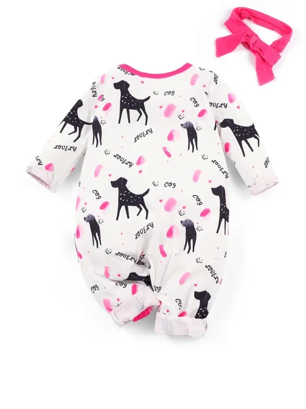 LULUKAKA Adorable Puppy Print Zip-Up Romper for Girls - Cozy Long Sleeve Onesie with Matching Headband, Perfect for Fall/Winter, Perfect for Outdoor - Image 2