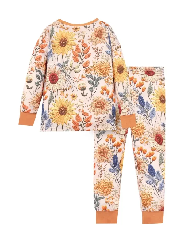 1 Set LULUKAKA Girls' Floral Print Long Sleeve Pajama Set, Casual Round Neck, Stretchy Polyester and Spandex Knit Sleepwear for All Seasons - Image 2
