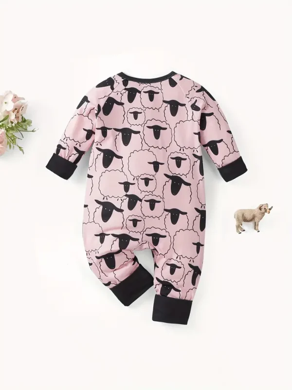 LULUKAKA Cute Sheep Print Zip-Up Bodysuit for Baby Boys - Long Sleeve, Stretchy Polyester Blend, Machine Washable, LULUKAKA, Perfect for Outdoor - Image 4