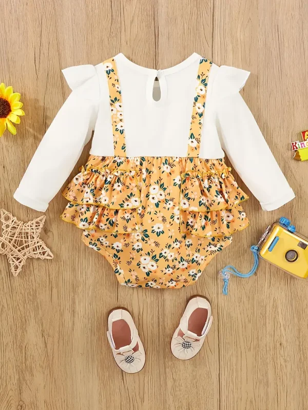 LULUKAKA Fake Two-Piece Baby Girl Romper with Small Floral Print, Ruffled Long Sleeves, And a Water Drop Button Dress for Newborn Girls, for Outdoor - Image 5