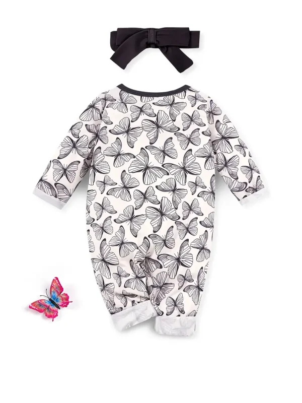 LULUKAKA Girls' Butterfly Print Long-Sleeve Romper with Matching Headband - Soft Polyester Blend, Machine Washable, Perfect for Outdoor - Image 5