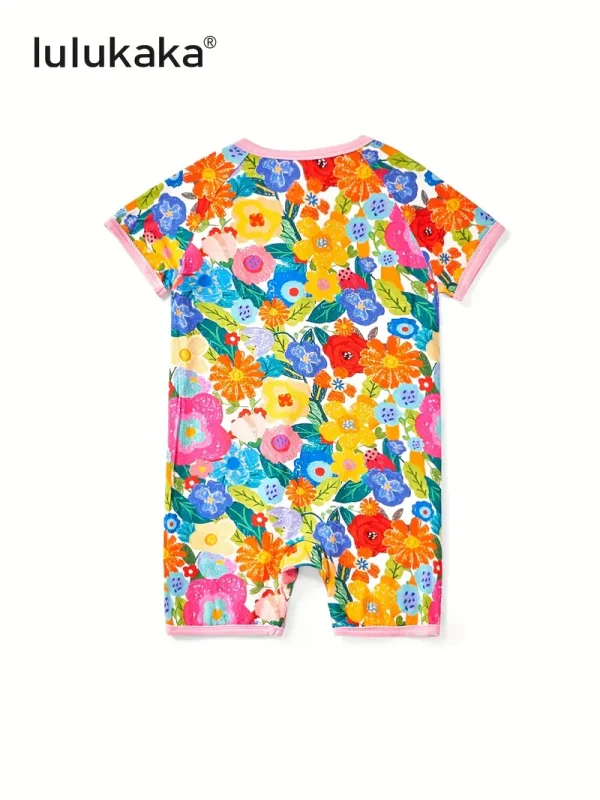New LULUKAKA Children's Girls' Bamboo Fiber Loose Version Zipper Short Sleeve Short Leg One-Piece Suit with Flower Print Pattern Summer Thin Style Baby Girl Short Sleeve Bamboo Fiber Ha Clothes Children's One-Piece Shorts Summer Clothes Climbing Clothes, Perfect for Outdoor - Image 5