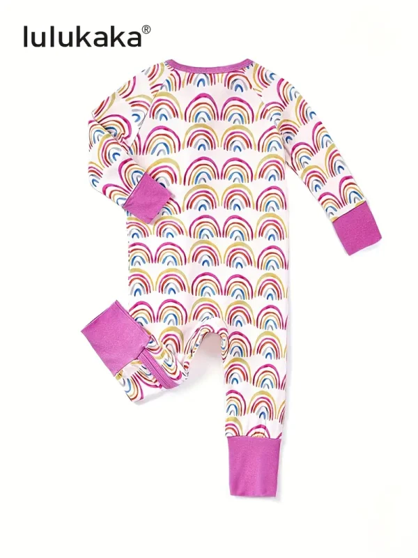 LULUKAKA Girls' Bamboo Fiber Romper, Cute Rainbow Stripe Print, Long Sleeve Raglan, Skinny Fit, Crew Neck, All-Season Knit Fabric with Zipper Closure, for Outdoor - Image 5